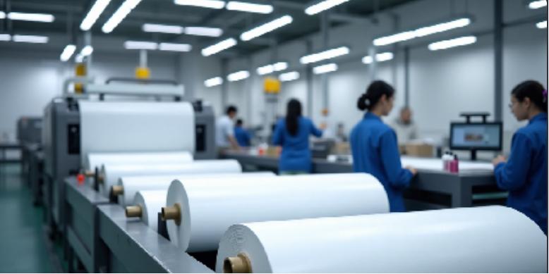 Factory production line of FSC-certified sublimation paper, with workers in blue uniforms operating equipment and handling large paper rolls.