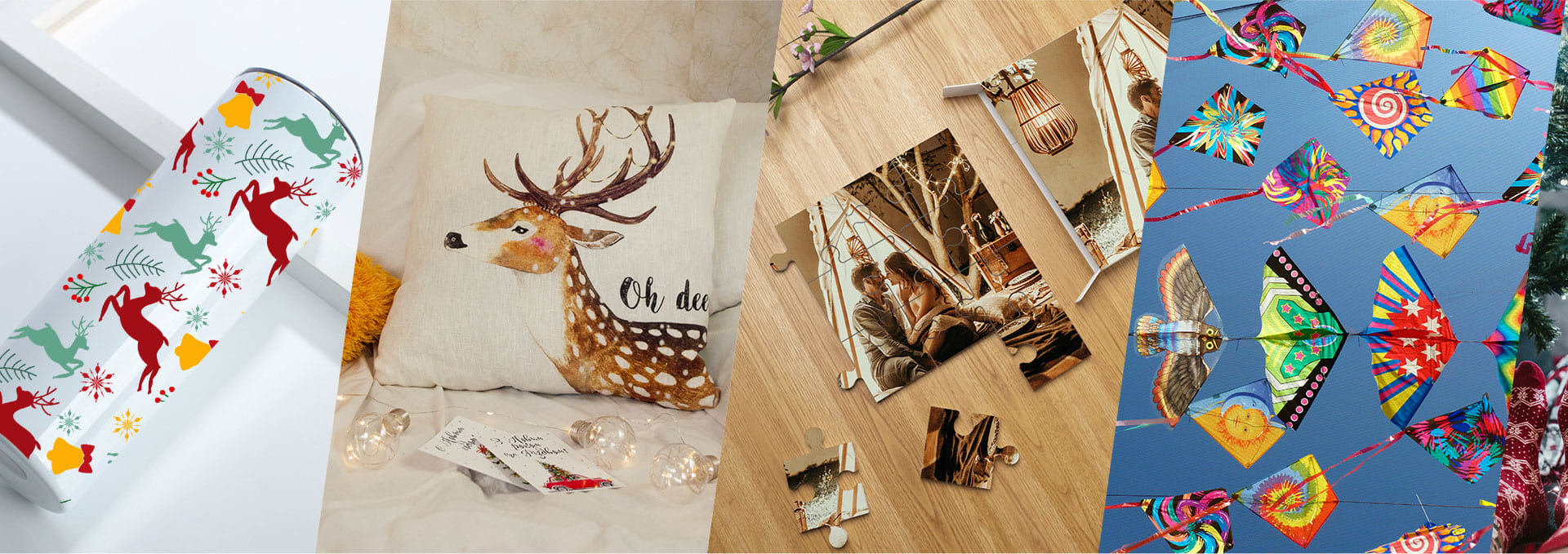 Collage of sublimation paper applications: printed roll, deer - themed pillow, puzzle pieces, and colorful kites.